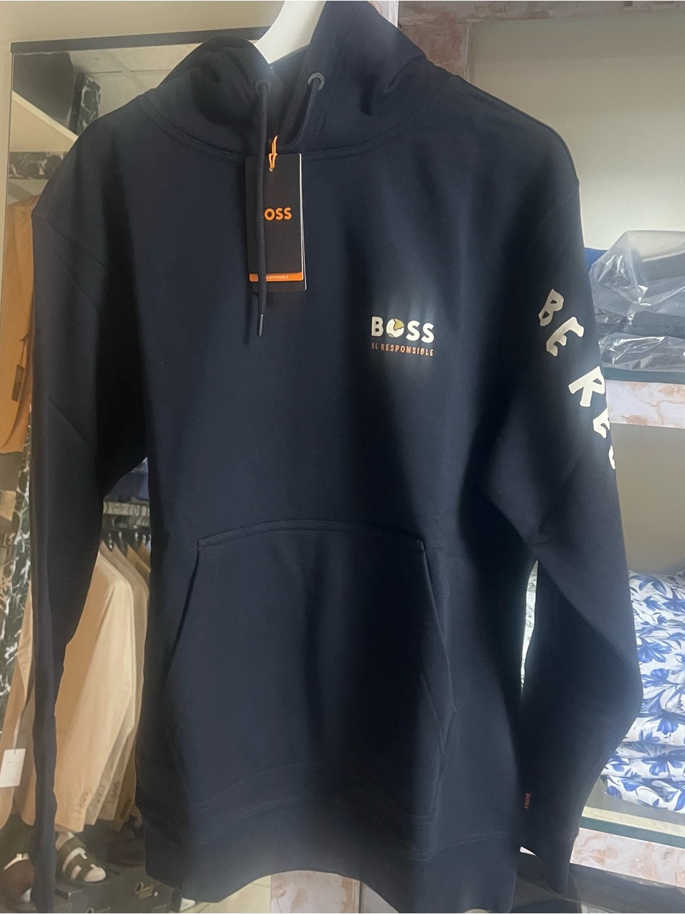 Boss Black Sweatshirt with White & Yellow Globe Graphic and Orange Logo